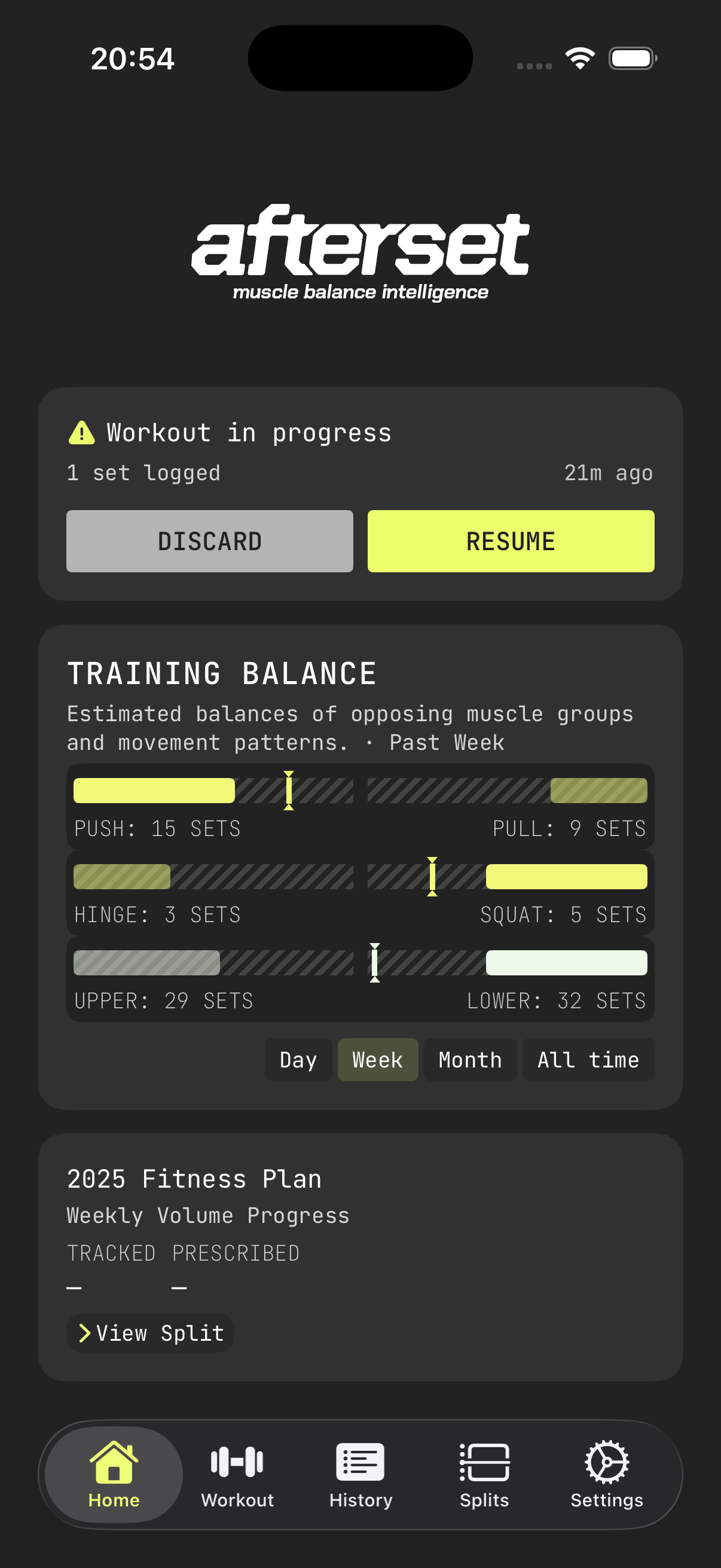 Afterset app showing muscle fatigue tracking